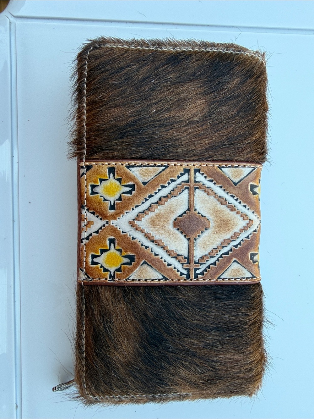 NEW Montana West Brown Hair-on Hide Wallet with Geometric Tooled Leather Accent